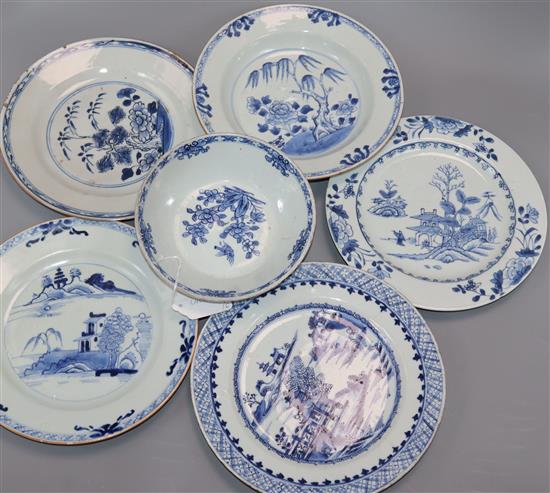 Five 18th century Chinese blue and white plates and a patty pan